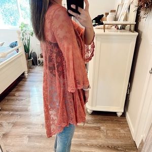 Pink Peach Mauve Lace Kimono Coverup